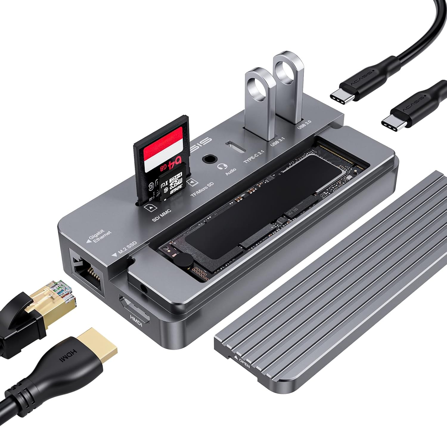 ACASIS USB-C HUB 10-in-1 Docking Station with M.2 NVME & SATA SSD Enclosure,4K60 HDMI,80W Power Delivery for Windows/MAC/IPAD