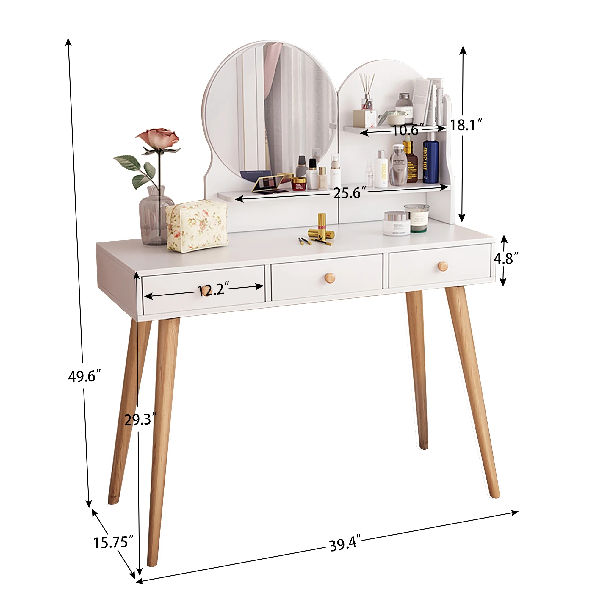 HSUNNS Vanity Desk with Lighted Mirror, 3 Drawers Makeup Dressing Desk with Storage Shelves