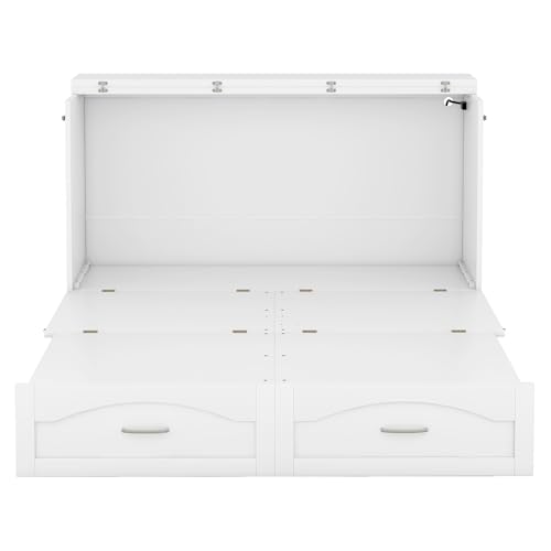 Queen Size Murphy Wall Bed with Storage, Bookcase Headboard, Solid Wood Cabinets, Shelves, Drawers and USB Ports