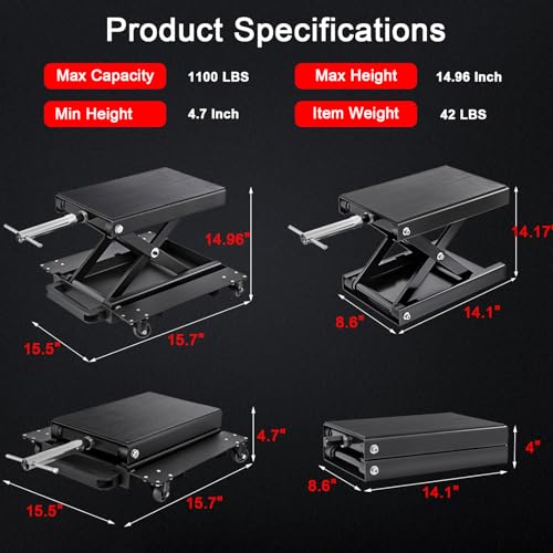 1200 LBS Motorcycle Jack with Dolly, Motorcycle Lift Stand for Dirt Bike ATV