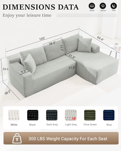 105 Inch Cloud Sectional Couch,Modern Modular Sectional Sofa with Deep Seat,Corduroy Boneless Couches with L-Shape Chaise for Living Room Bedroom
