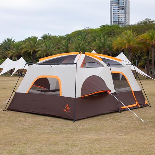 KTT Extra Large Tent 10-12-14 Person(Style-B),Family Cabin Tents,2 Rooms,3 Doors and 3 Windows with Mesh,Straight Wall,Waterproof,Double Layer