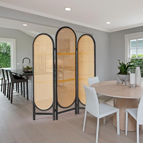 3 Panel Room Dividers and Folding Privacy Screens, Hand-Made Rattan Room Divider with Bi-Directional Hinge