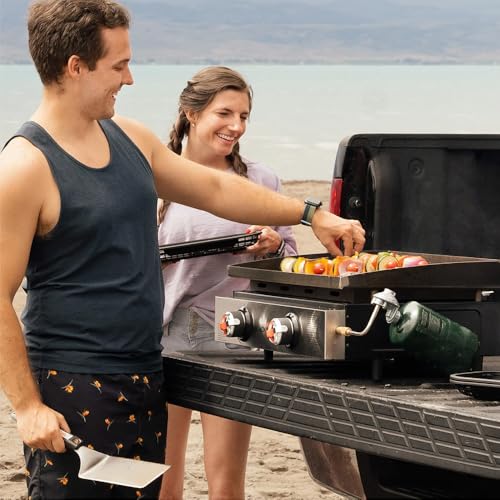 Blackstone 22" Omnivore Tabletop Outdoor Griddle Travel Bundle - Dual Stainless Steel H-Burners, 24,000 BTUs - Includes Propane Adapter and Soft Cover
