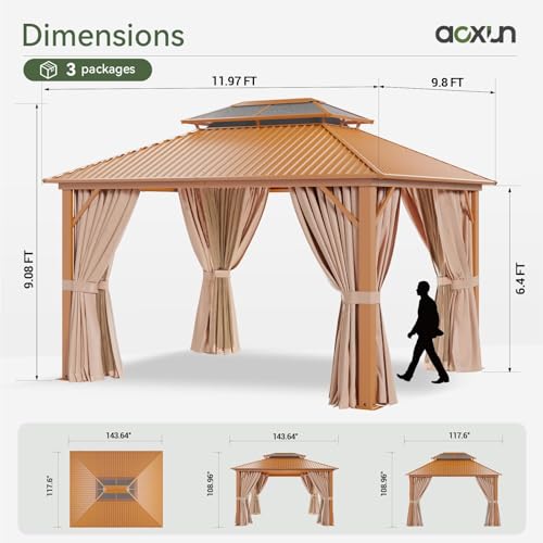 Aoxun 12'x10' Hardtop Gazebo, Aluminum Frame Permanent Pavilion with Curtains and Netting, Outdoor Polycarbonate Double Roof Canopy