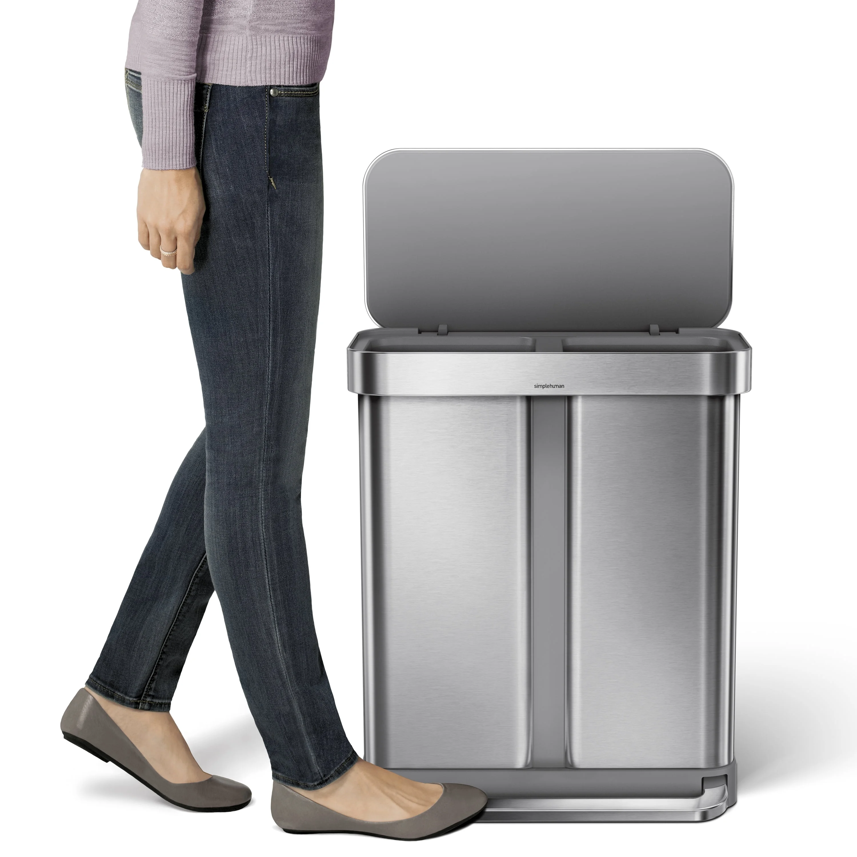 simplehuman 58 Liter / 15.3 gal Stainless Steel Dual Compartment Recycler Kitchen Step Trash Can, Brushed Stainless Steel - Radiant Selections