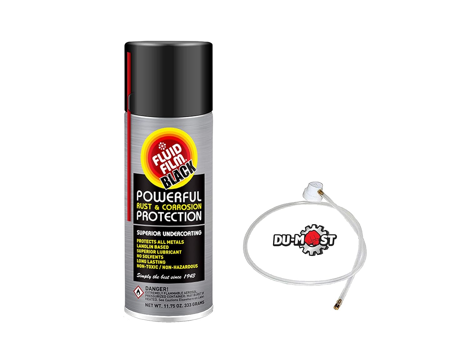 Fluid Film BLACK (12 Aerosol Cans) with DU-MOST 2' Extension Hose & Nozzle, Long Lasting Corrosion Prevention, Penetrant & Lubricant, Marine