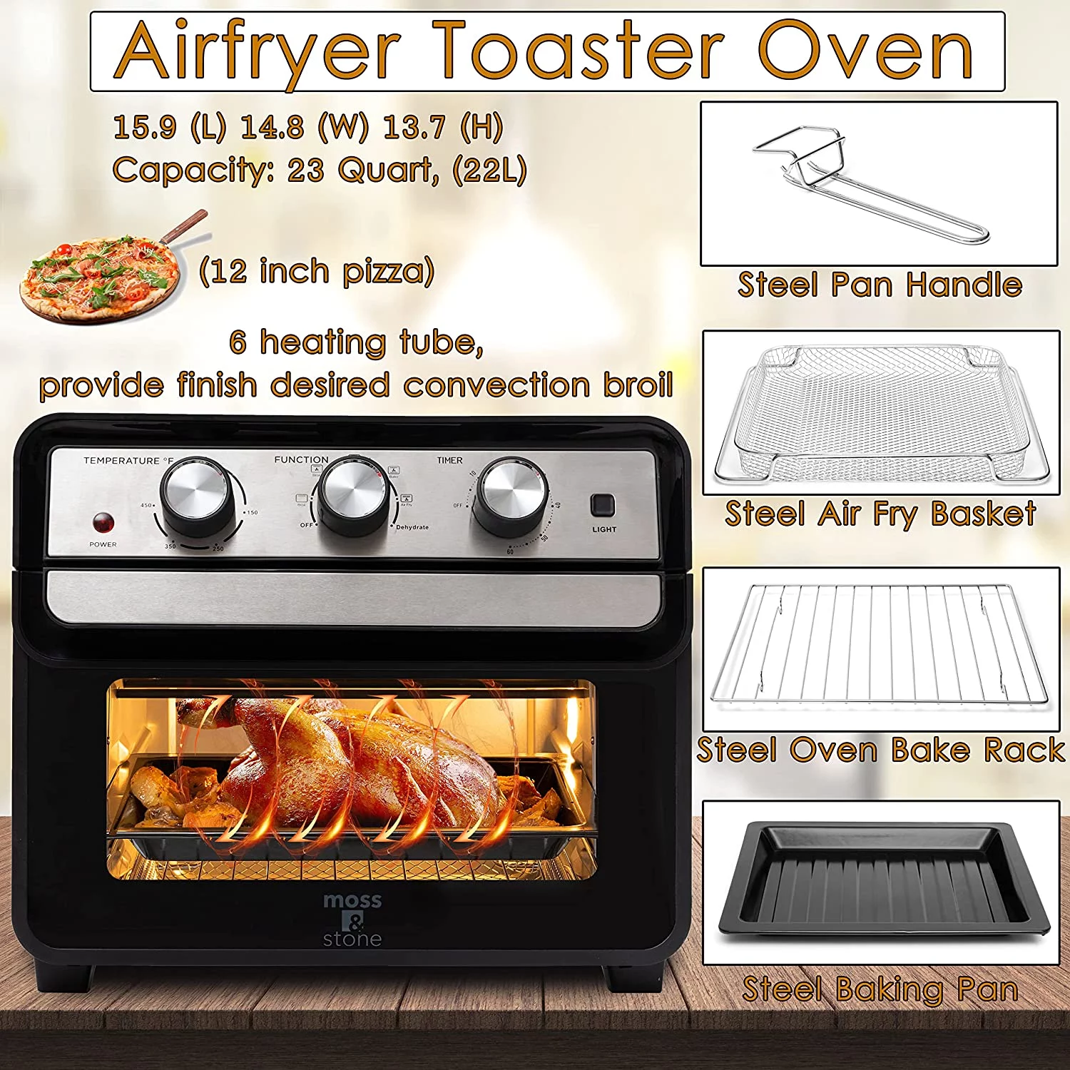 YINCHEN Air Fryer Oven, 6-in-1 Toaster Oven 23 Quart, Airfryer Toaster Oven For Roast, Bake, Broil, Stainless Steel Accessories Included