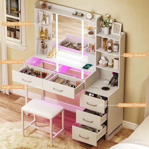 Vanity Desk with Mirror and LED Lights, 43" Makeup Vanity with Glass Top & Wireless Charging, Vanity with RGB Drawers, 3 Colors Light