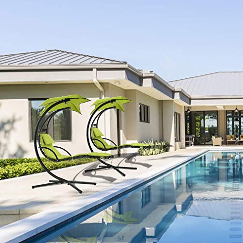 Hammock Chair Hanging Chair Lounge Chairs Outdoor Porch Swing Arc Stand with Canopy Umbrella and Pillow, 280 LBS Capacity