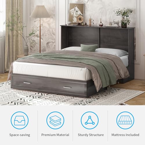 Mjkone Queen Size Cabinet Murphy Bed with Tri-Fold Mattress, Modern Multipurpose Wall Cabinet Chest Bed