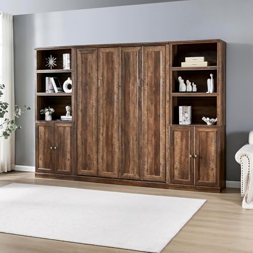 MERITLINE Queen Size Murphy Bed with Storage Bookcase Shelves,Cabinet and Charging Station,Wood Folding White Murphy Wall Bed