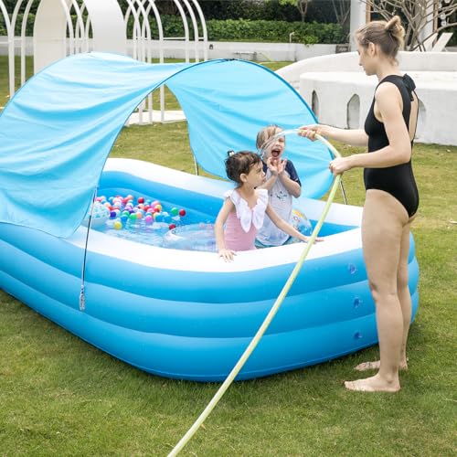 Large Inflatable Pool with Canopy - 145'' x 74'' x 22'' Oversized Thickened Blow Up Pool for Family