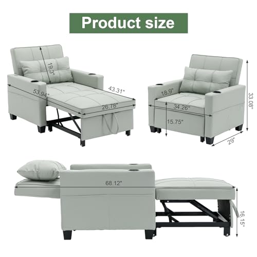 Sleeper Chair Bed, Modern 3 in 1 Convertible Chair Bed, Pull Out Sleeper Chair with USB/Type C Ports and Cup Holder