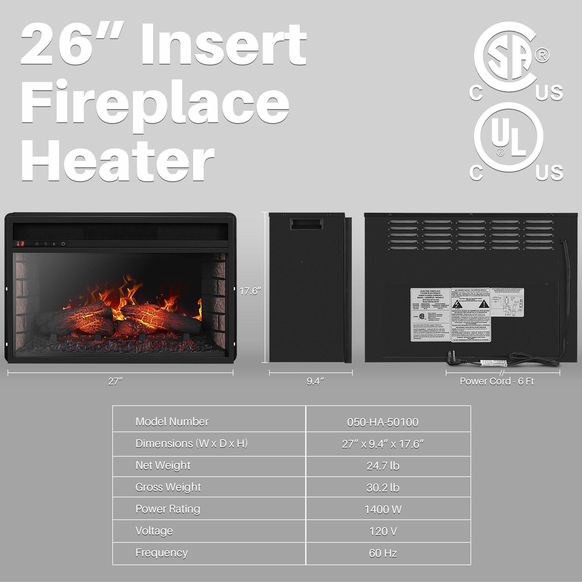 della 26x22 Infrared Fireplace Insert Stove with Glass View and Remote Control Timer Settings, Black