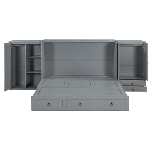 Queen Size Murphy Bed Wall Bed, Solid Pine Murphy Bed Chest Cube Cabinet Bed with USB, Charging Station