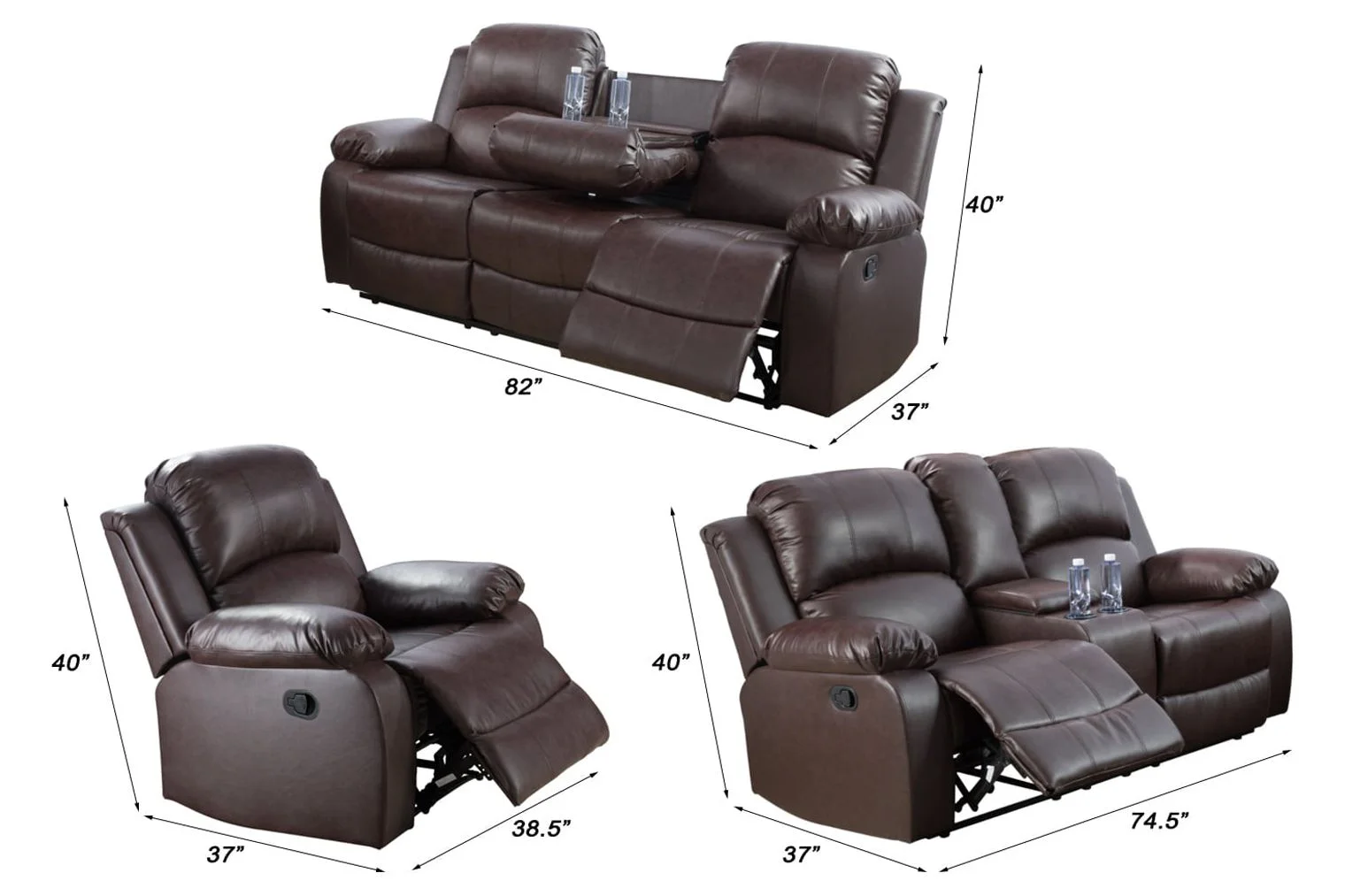 Ainehome Reclining Living Room Sofa Set-3 Seat Sofa, Brown