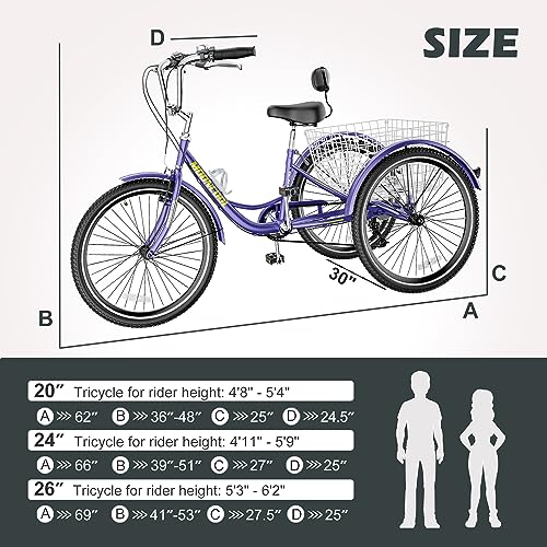 ABORON Adults Tricycles, 20/24/26IN Trike Bike with Parking Brake Handle, 7 Speed Rear Derailleur, Double-Wall Wheel Rims