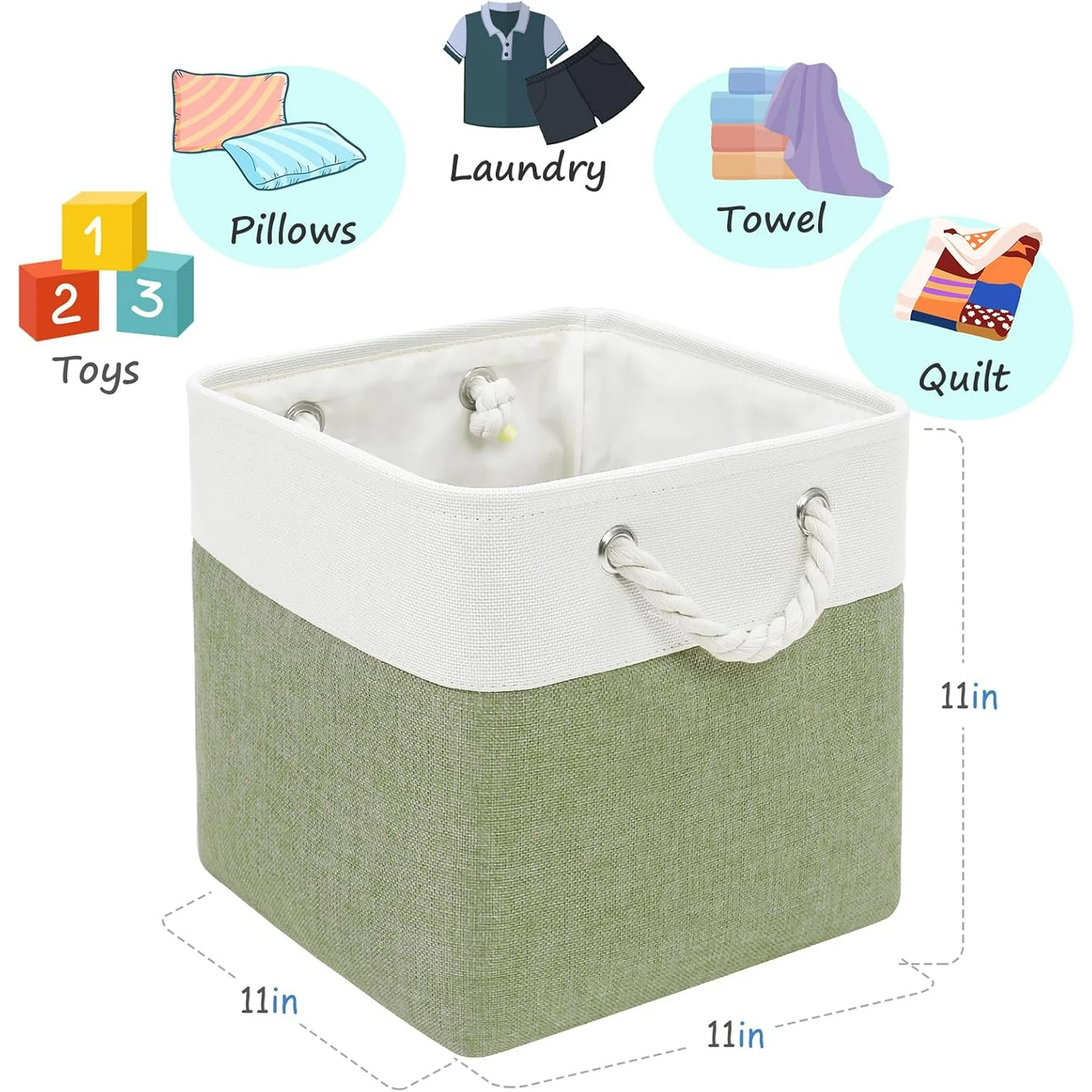 Fabric Cubes Storage Basket, 6 Pack 11x11 in with Handles Foldable Cube Storage Bins, for Shelves, Home, Office, Nursery Organizers (White/ Green)