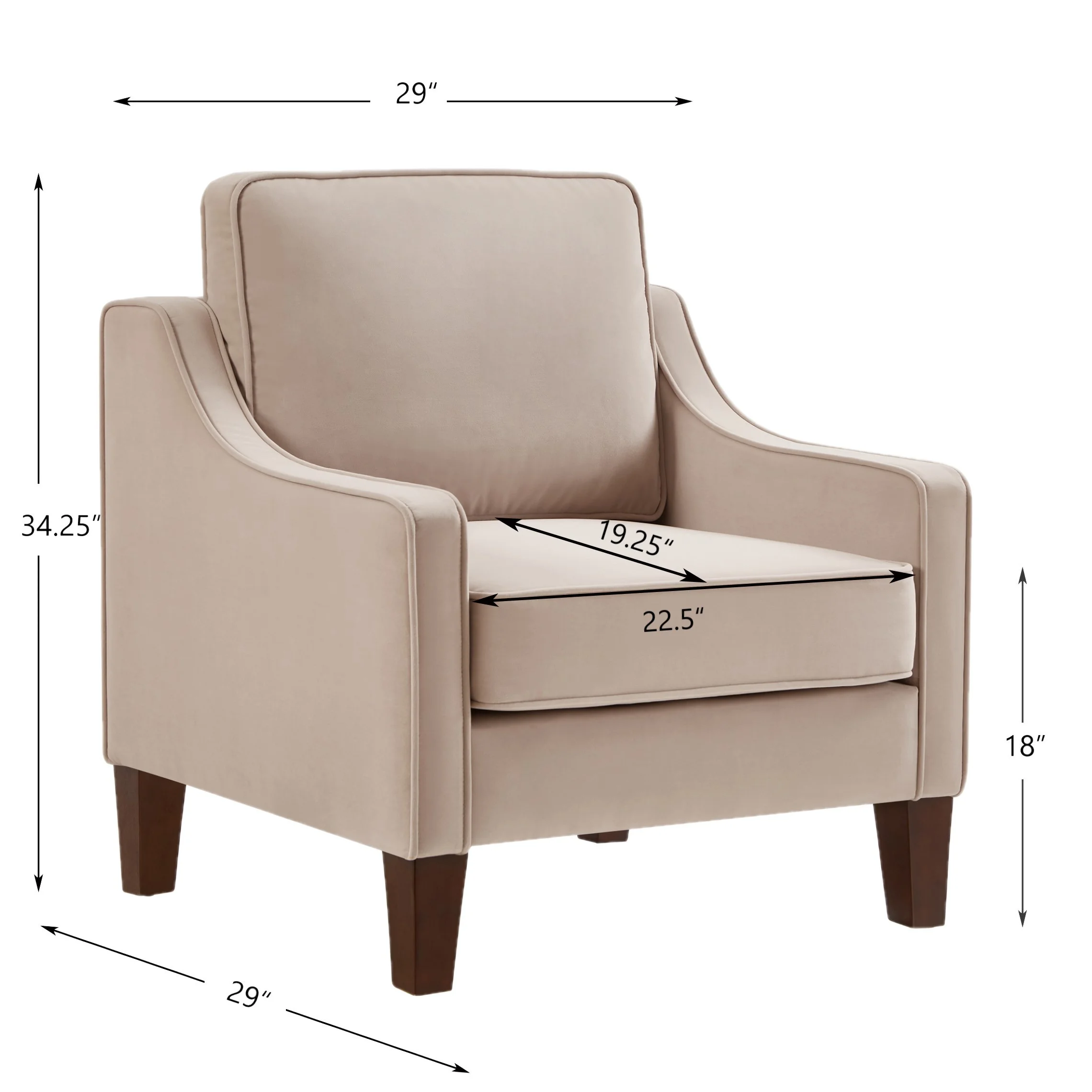 Taupe Modern Armchair, Living Room Single Seat Sofa Chair with Wooden Legs, Upholstered Velvet Accent Chair for Indoor Use