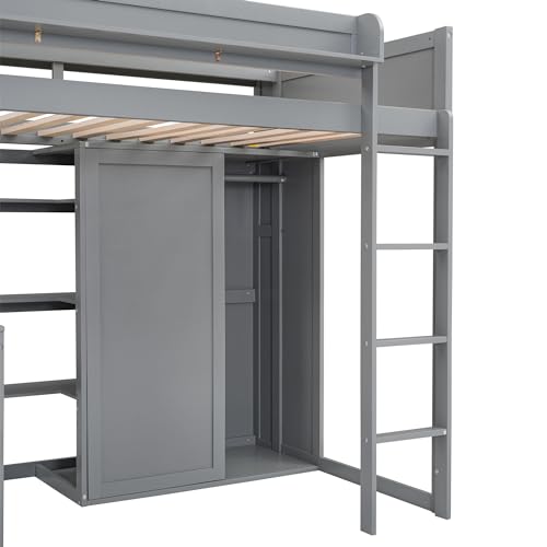 SOFTSEA Twin Size Loft Bed with Desk & Storage, Wood Loft Bed with Wardrobe and Storage Shelves