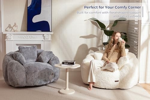 MAXYOYO Bean Bag Chair for Adults, Floral Shaped Bean Bag Sofa, Ultra Soft Faux Fur Floor Sofa, Large Reading Chair for Living Room Bedroom, Beige
