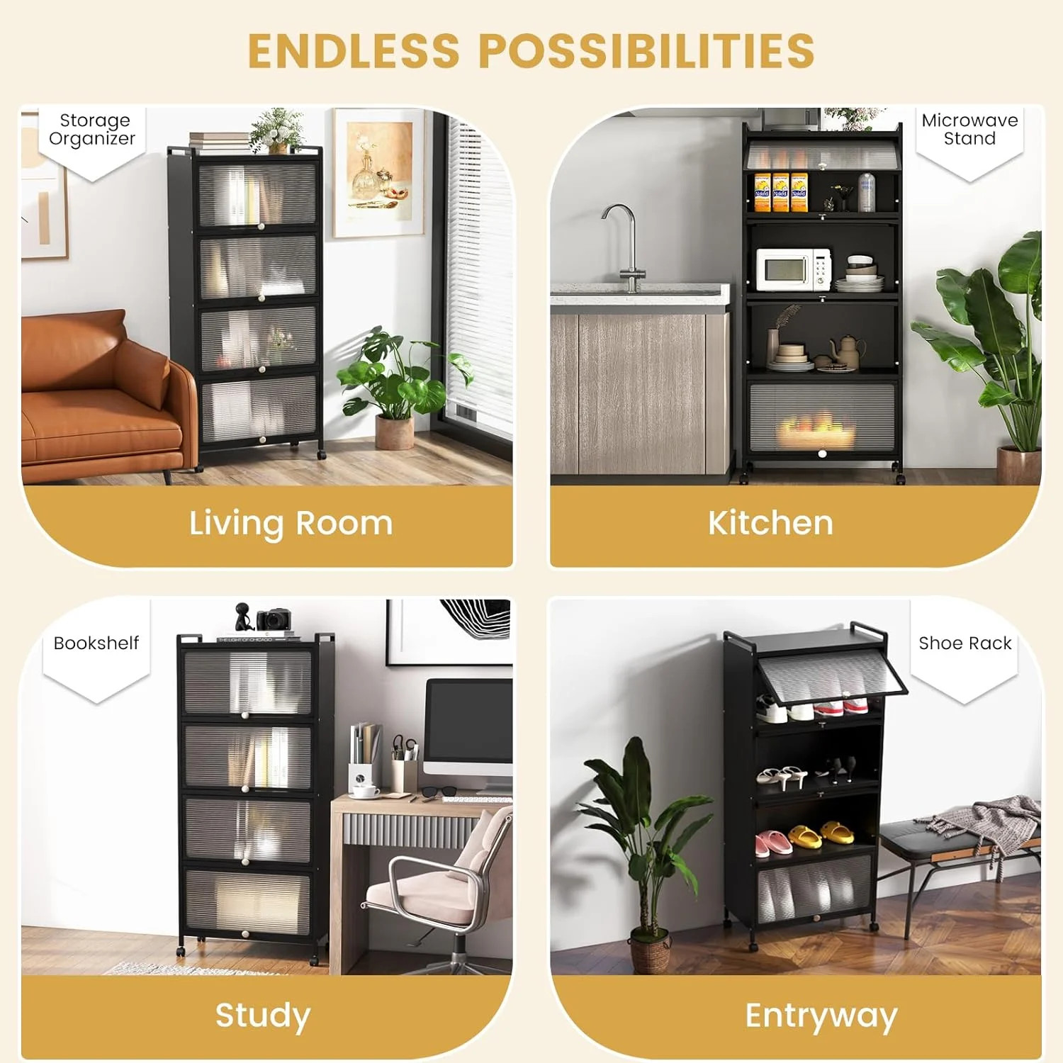 TJUNBOLIFE 5-Tier Kitchen  Cabinet  Freestanding Baker\u2019s Rack with 4 Rolling Casters  Mobile Microwave Stand with Double Anti-toppling Device