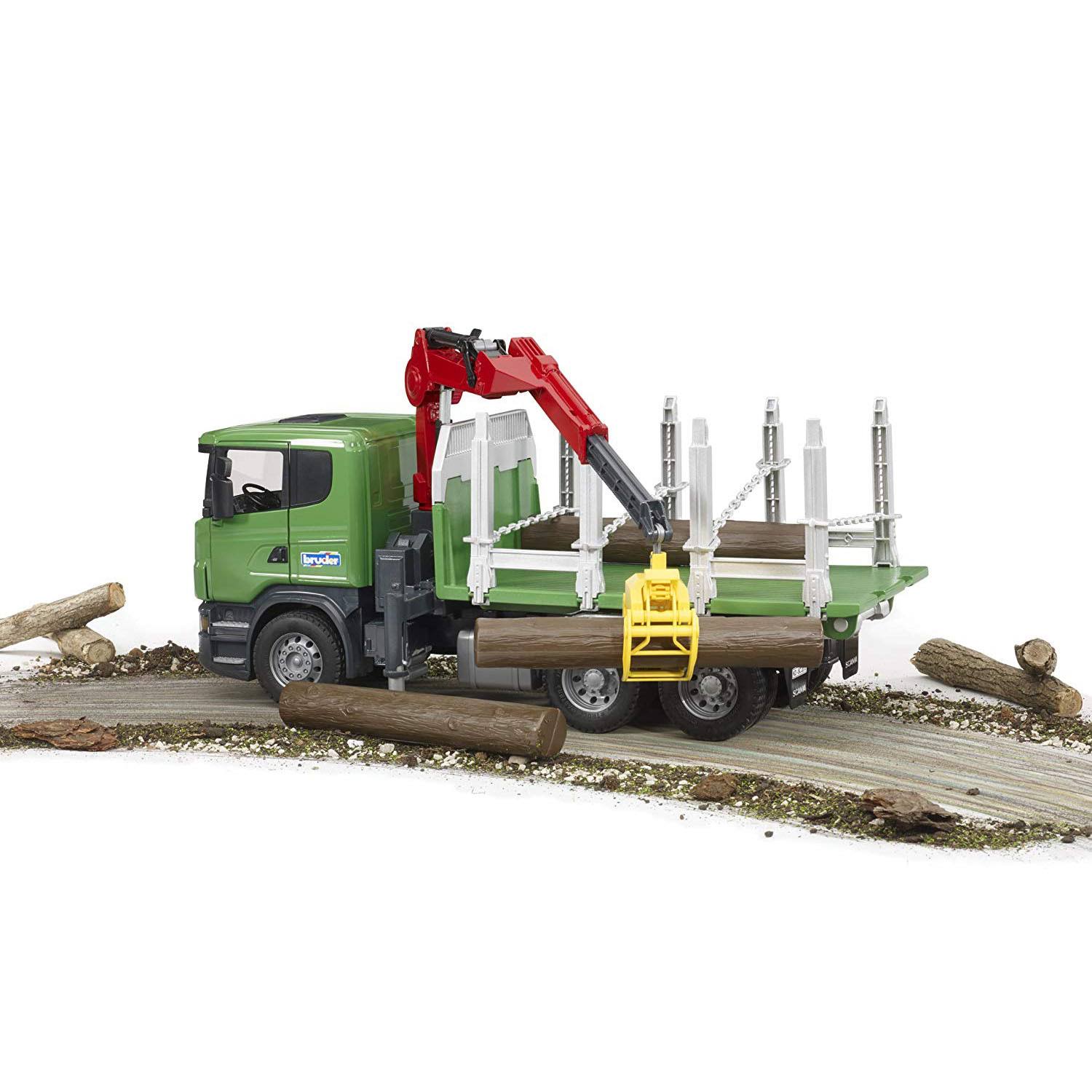 Bruder Scania R-Series Timber Truck with Loading Crane and 3 Trunks