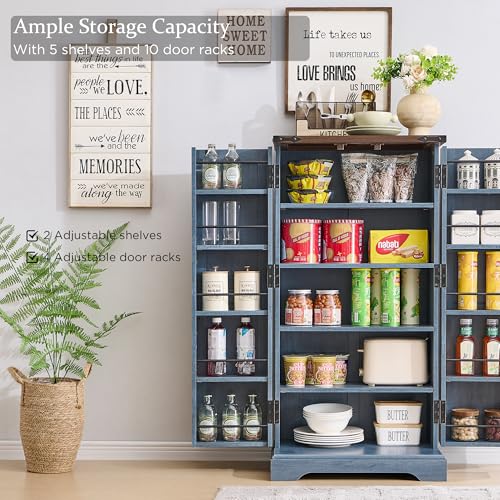 72" Tall Kitchen Pantry, Farmhouse Storage Cabinet with Barn Doors, Organizer, Drawer and Adjustable Shelves, Rustic Wood Cupboard for Kitchen