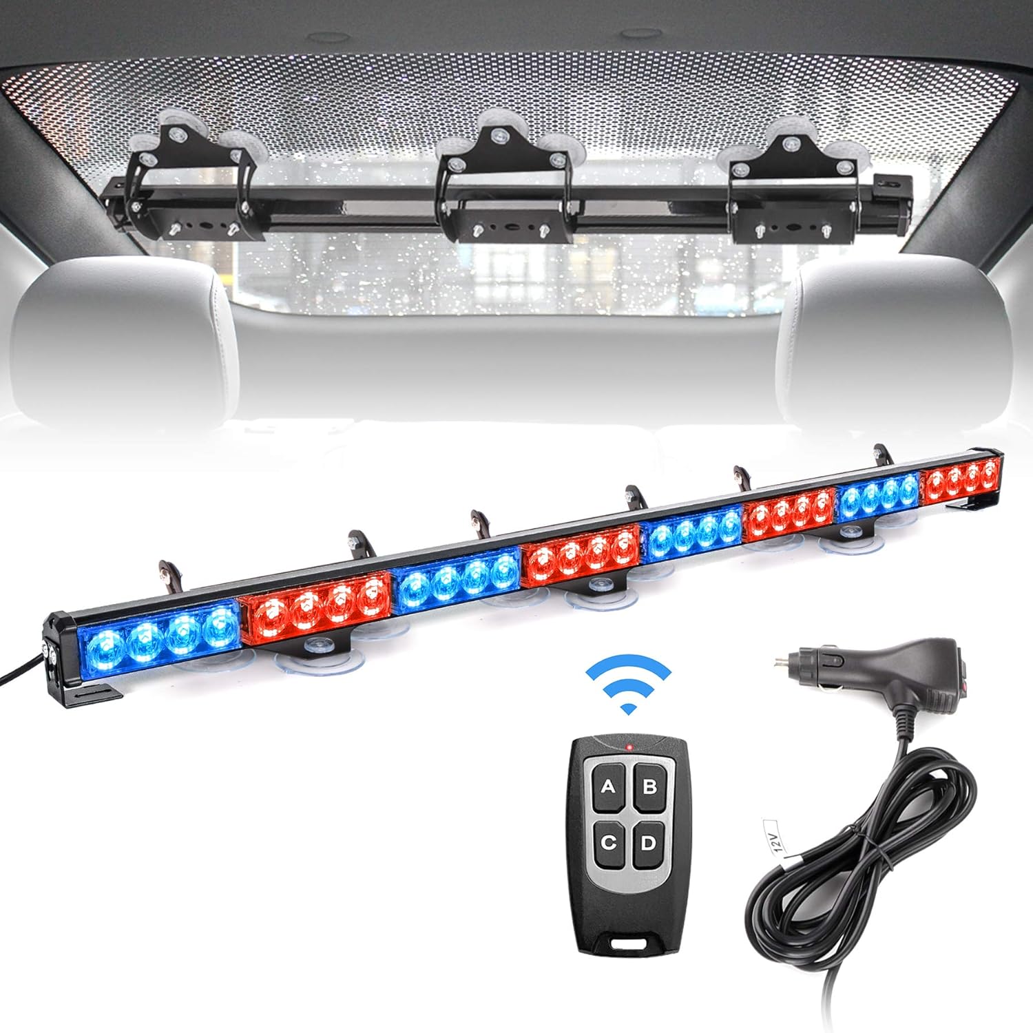 FEELOTAM Amber White Traffic Advisor Emergency Strobe Hazard Warning Light Windshield Safety Lights Bar 35.5 inch 8 Panels for Vehicles with Wireless