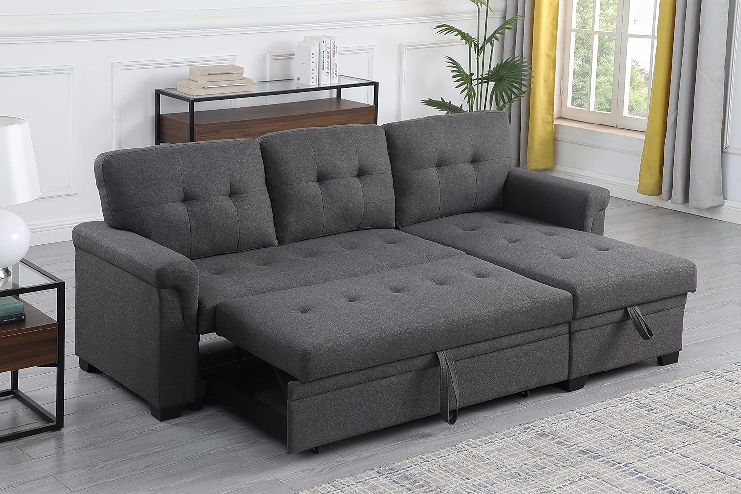 84'' L-Shape Convertible Sleeper Sectional Sofa with Storage Chaise and Pull-Out Bed, Linen Upholstered Reversible Corner 3 Person Couch