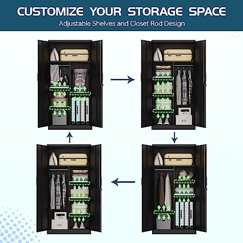 MIIIKO Steel Cabinet Wardrobe, Metal Locker Cabinet with Hanging Rod, Metal Clothing Locker Storage for Home, Office, Garage and Changing Room