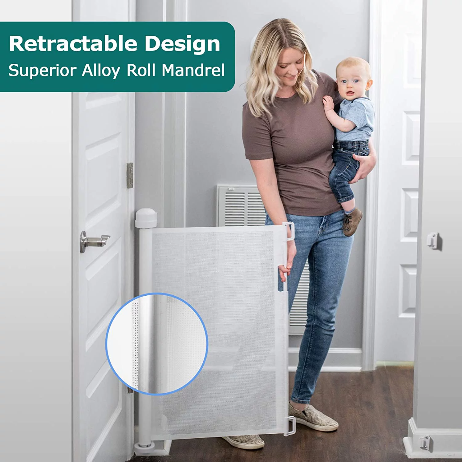 Retractable Baby Gate, Extra Wide Safety Kids or Pets Gate, 33” Tall, Extends to 55” Wide, Mesh Safety Dog Gate for Stairs, Indoor, Outdoor, Doorways