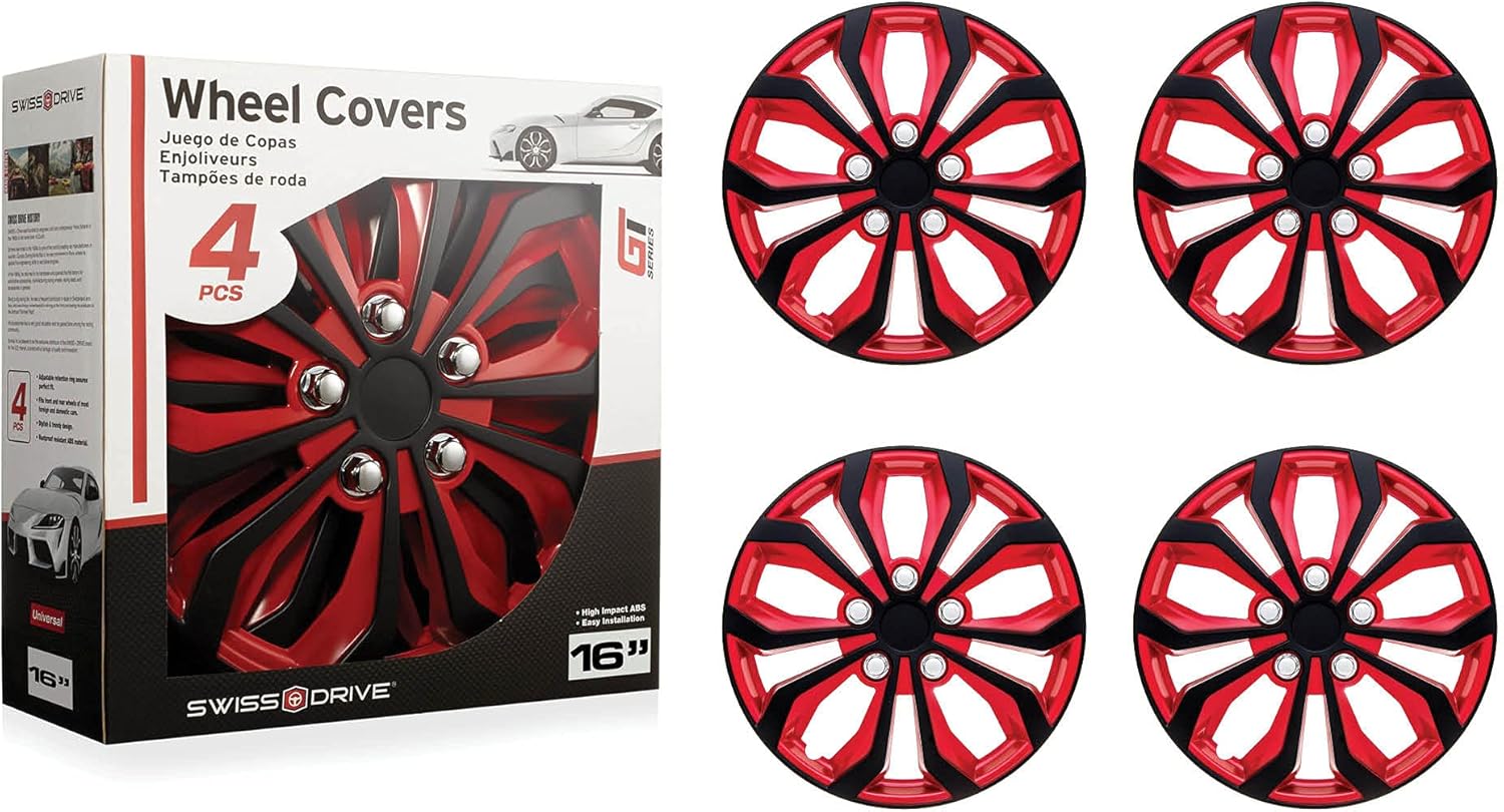 Swiss Drive Hubcaps 16 Set of 4 -Luxurious Red and Black Design – Durable and Reliable