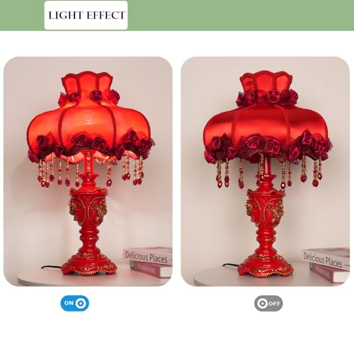 Lovely Table Lamp with Fabric Lampshade, Antique Flower Decorative Bedside Desk Lamp, Handmade Night Light for Bedroom Nightstand