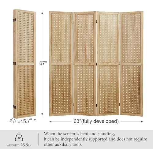 Pegboard Display, 5.6Ft Wooden Room Divider Folding Privacy Screens Portable Freestanding Wall Organizer for Retail Craft Art Display Board (4panels