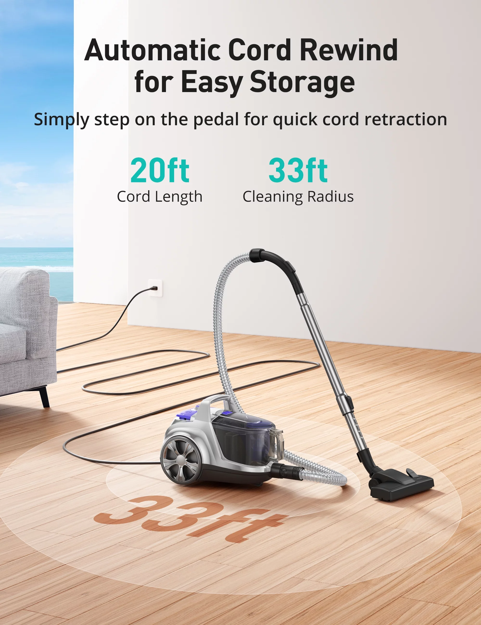 Aspiron Bagless Canister Vacuum Cleaner with Double HEPA Filter, Turbo Brush, 1200W, 3.6QT, New
