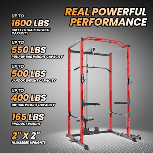 Power Cage with LAT Pulldown, Multi-Functional Power Rack with Cable Pulley System and J-Hooks, Squat Rack with Dip Bars and Landmine Attachment