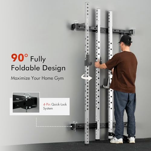 Mikolo 2" x 2" Folding Wall Mounted Squat Rack, 1000 Pounds Capacity Power Rack with Pull Up Bar, J Hooks and Other Attachments, Space-Saving Home Gym