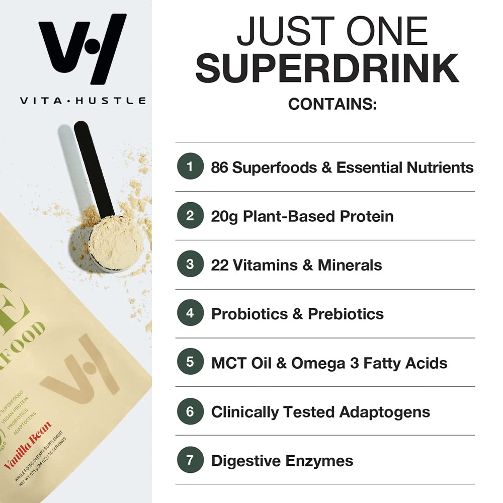 VitaHustle ONE Superfood Vegan Protein Powder Shakes - 20G Plant Based Protein, Super Greens, 1G Sugar, Probiotics, Energy, Digestion, Gluten Free