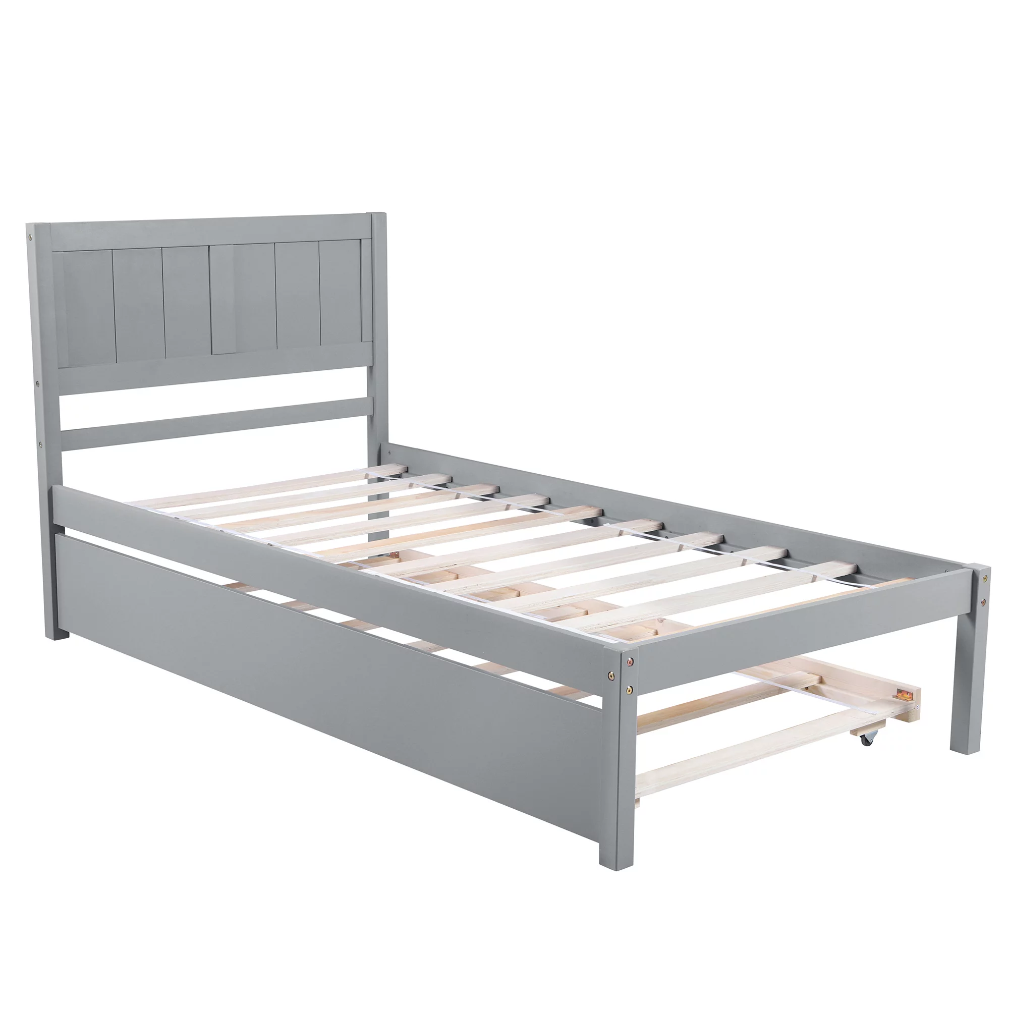 Euroco Twin Size Wood Platform Bed with Trundle for Kids, Gray