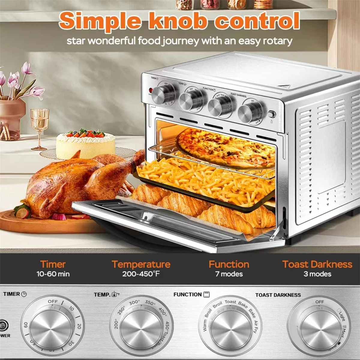 Geek Chef 26 Quart Air Fryer Oven Toaster, Air Fryers Convection Oven, Accessories Included, Silver