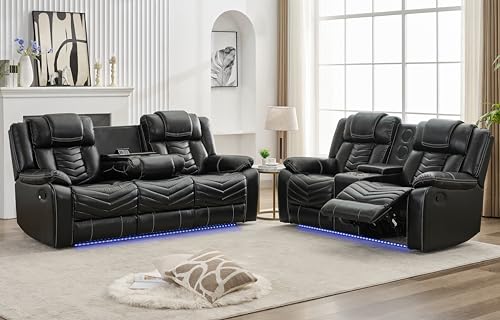 Manual Recliner Sofa Set with Wireless Charger for Living Room, Leather 3 Seater Reclining Sofa and Loveseat Seating Couch with Bass Speakers