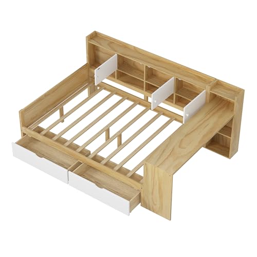 Corner Twin Bed Frame with Bookcase Storage and Desk, Wood Day Beds with 2 Drawers, Twin Size Daybed with Storage for Living Room