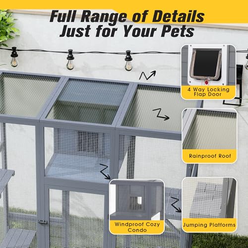 COZIWOW 70Inches Large Stable Spacious Wooden Catio Outdoor Cat Enclosure with Perches and Condos, Cat Cage Indoor with Waterproof Roof