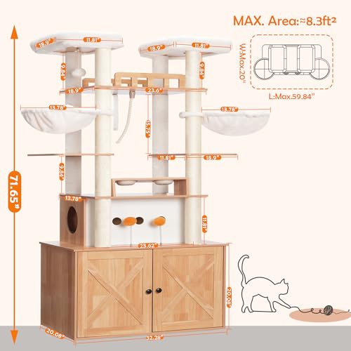 Heybly Cat Tree for Maine Coon with Litter Box Enclosure, 72-inch Wooden Cat Tower for Indoor Cats Large Adult, Big Condo with Food Station, Baskets