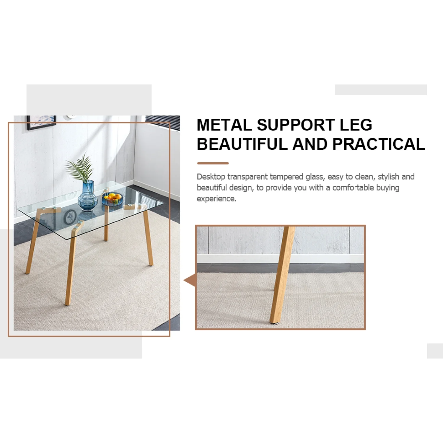 Holaki 1 Table and 4 Chairs Set. Glass Dining Table, 0.31 "Tempered Glass Tabletop and Wood Grain Metal Table Legs . Table Size: 47" W x 31"D x 30" H