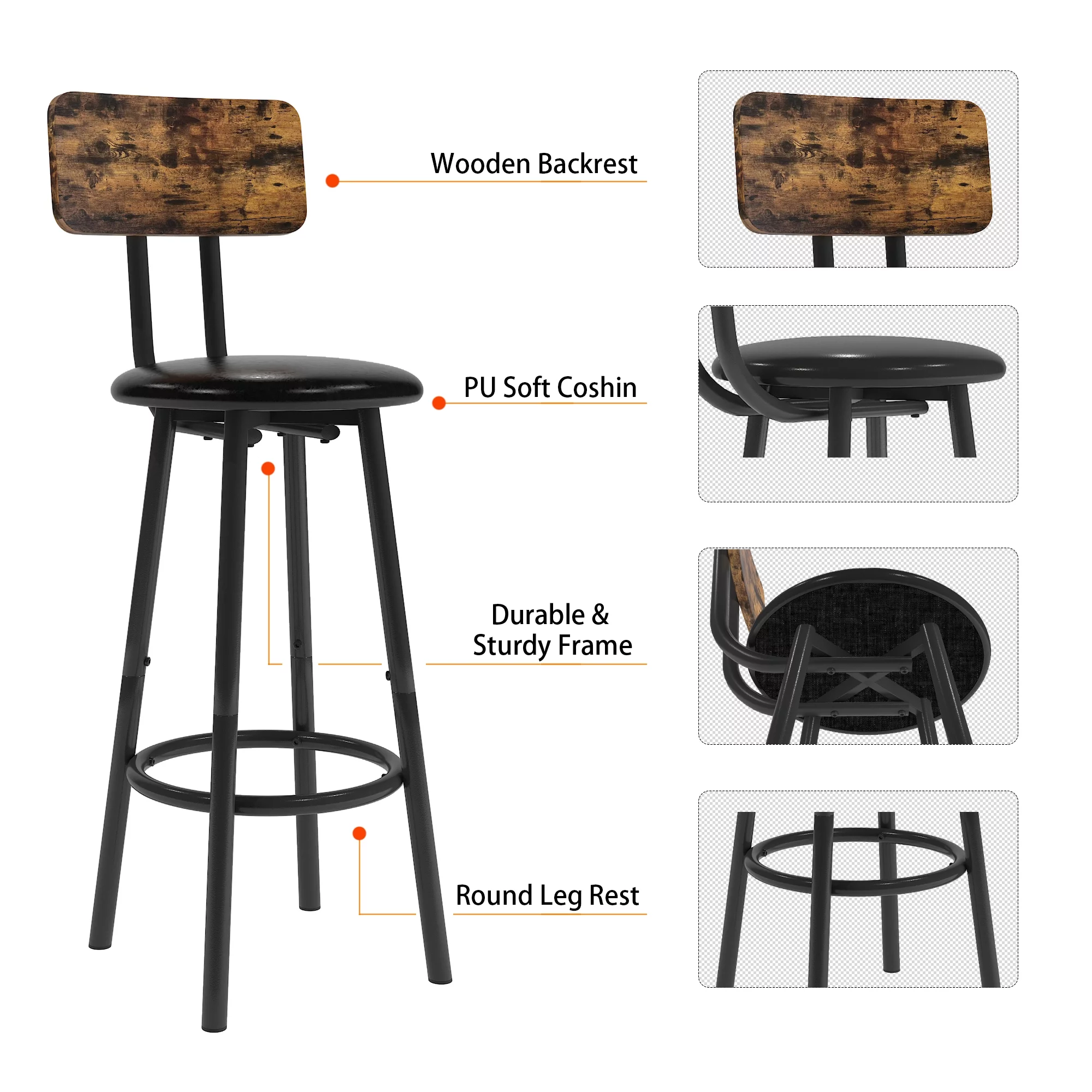 Paproos 5 Piece Dining Table Set, Bar Height Kitchen Table and Upholstered Stools with Backrest, Wooden Table Top and Metal Frame