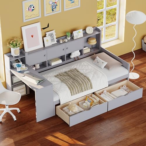 Corner Twin Bed Frame with Bookcase Storage and Desk, Wood Day Beds with 2 Drawers, Twin Size Daybed with Storage for Living Room