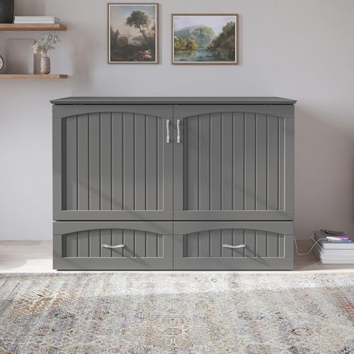 AFI Southampton Queen Murphy Bed Chest with Mattress, Storage, and Built-in Charger in Grey
